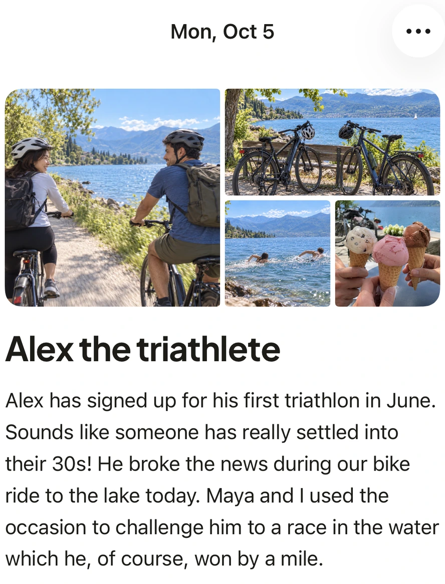 October 5. Alex the triathlete: four photos of the bike ride, bicycles at the lake, a swimming race and ice cream afterwards. Alex has signed up for his first triathlon in June.